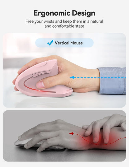 TECKNET Ergonomic Mouse, Rechargeable 2.4G+Bluetooth Vertical Mice 6 DPI Adjustable, Wireless Optical Carpal Tunnel Mouse for Right Hand, Silent 6 Buttons for Laptop, PC, MacBook, iPad - Pink