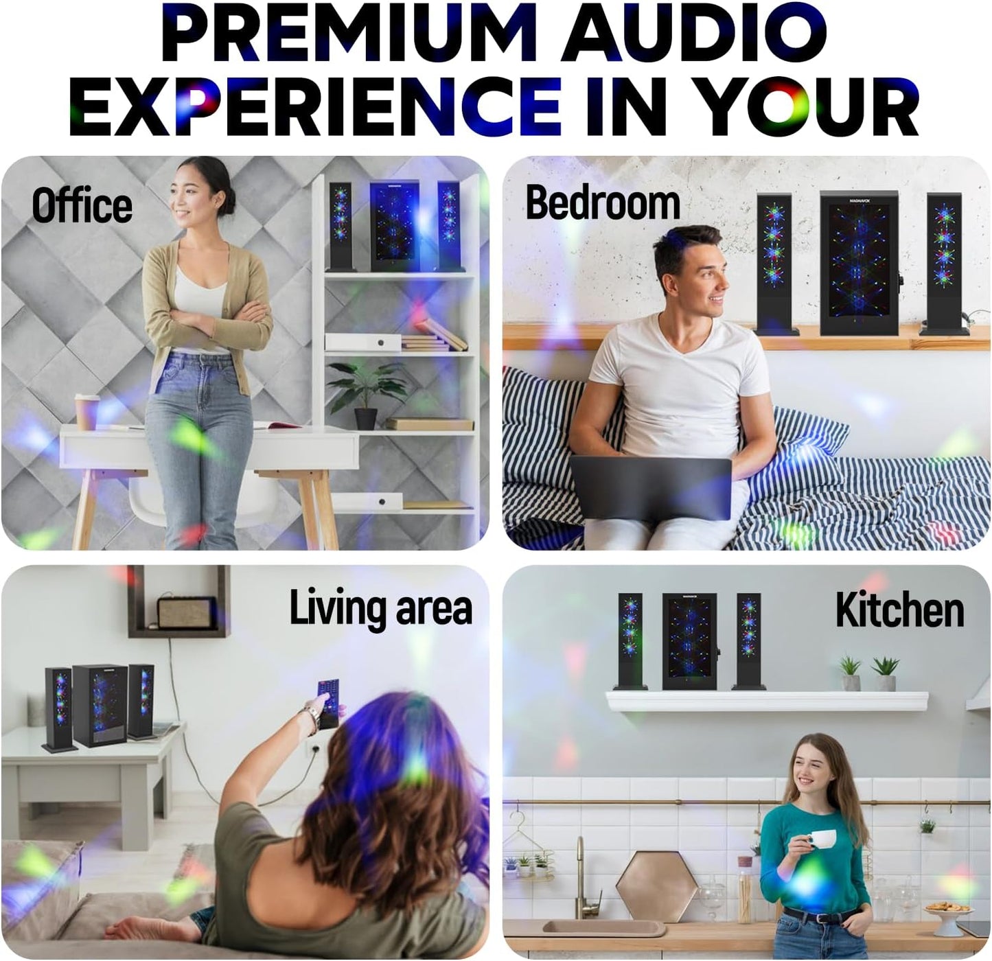 Magnavox MHT990 2.1 Home Entertainment System with Bluetooth Wireless Technology and Color Changing Lights in Black | AUX Port | Subwoofer with 2 Speakers | Pulsing Lights |