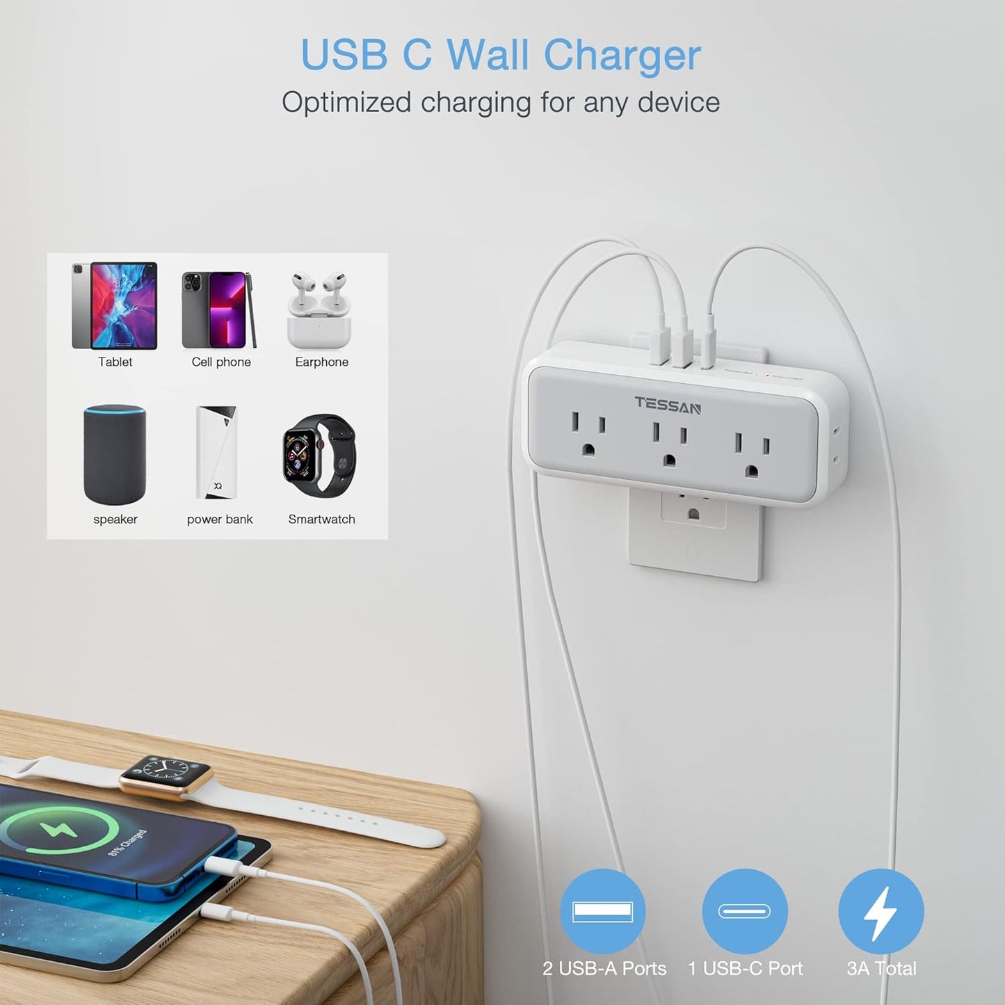 Multi Plug Outlet Extender, USB C Wall Charger, TESSAN Wall Plug Splitter with 5 Outlets and 3 USB, Electrical Power Expander with Surge Protector Spaced for Home Office Dorm Room
