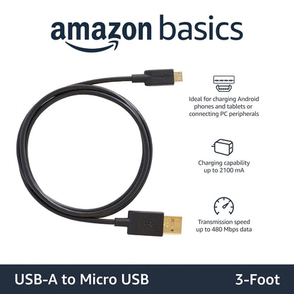 Amazon Basics 5-Pack USB-A to Micro USB Charging Cable, 480Mbps Transfer Speed with Gold-Plated Plugs, USB 2.0, 3 foot, Black