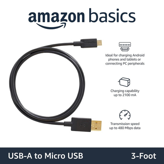 Amazon Basics 3-Pack USB-A to Micro USB Charging Cable, 480Mbps Transfer Speed with Gold-Plated Plugs, USB 2.0, 3 Foot, Black