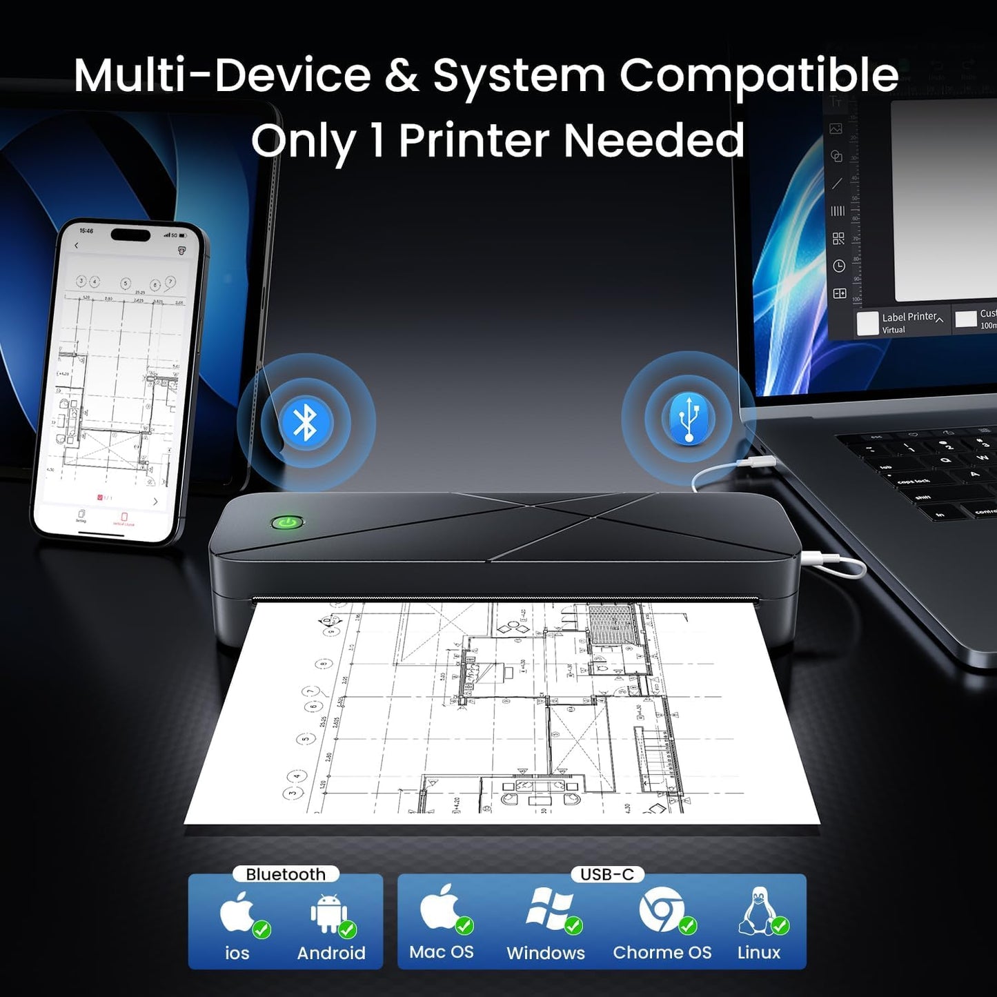 Portable Printers Wireless for Travel, Inkless Printer for Phone & Laptop, Thermal Bluetooth Small Compact Mobile Printer for Home Use, Support 8.5" X 11" US Letter & A4 Size