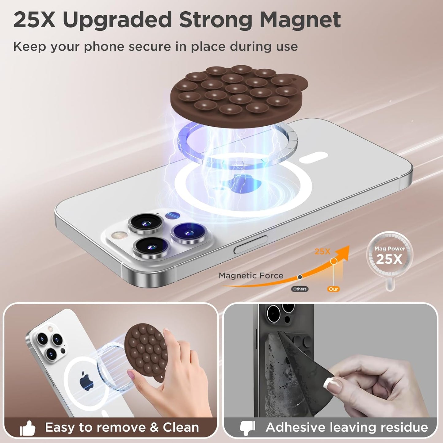 Magnetic Suction Cup Phone Mount for MagSafe Case, Silicone Hands-Free Phone Grip Holder for iPhone and Android, Mirror Shower Phone Stand for Makeup FaceTime Gym Kitchen Bathroom, Chocolate