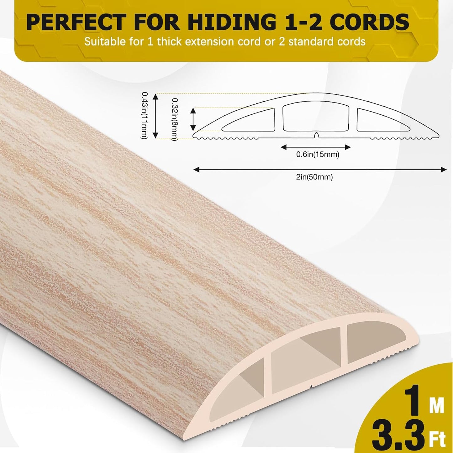 Floor Cord Cover 3.3FT Cord Covers for Wires on Floor Protect Wires & Prevent Trip Hazards, Easy to Cut for Home, Office, School, Concerts, Cavity W0.6in x H0.32in