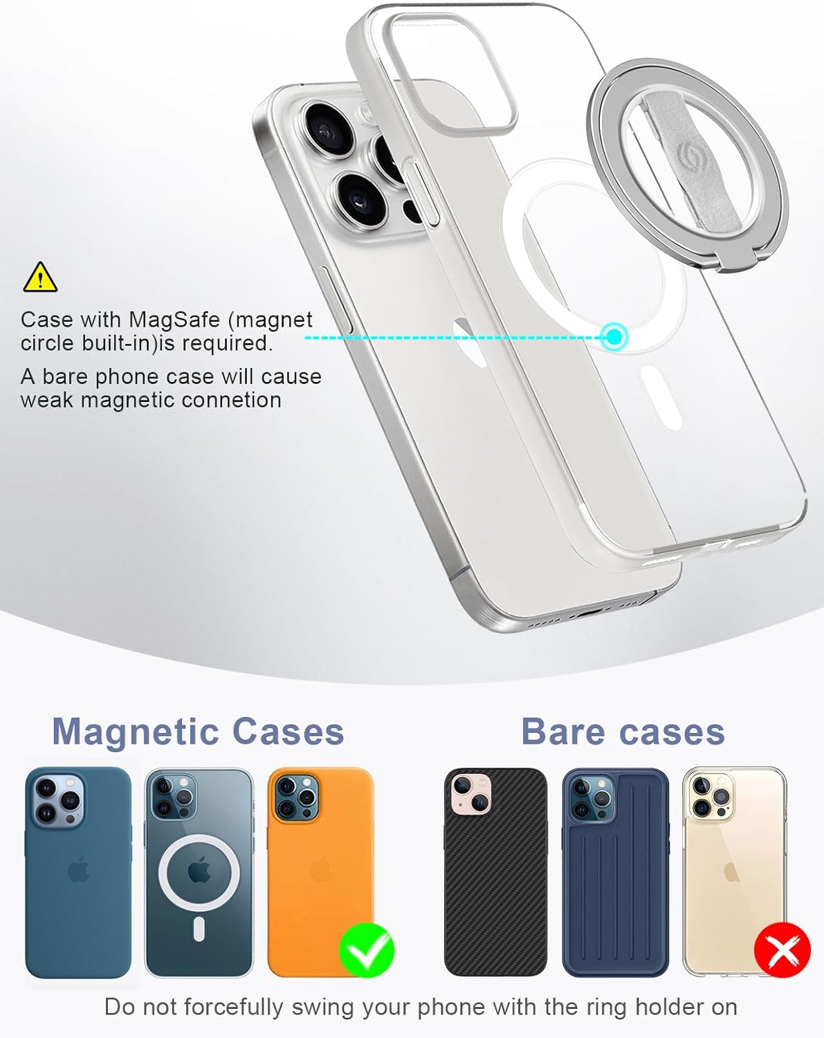 EWA MagOne 3rd Gen [Compatible with MagSafe] Phone Grip Stand with Finger Strap, Removable Magnetic Ring Holder Kickstand Loop for iPhone 16,15, 14, 13, 12 Series-(Silver)