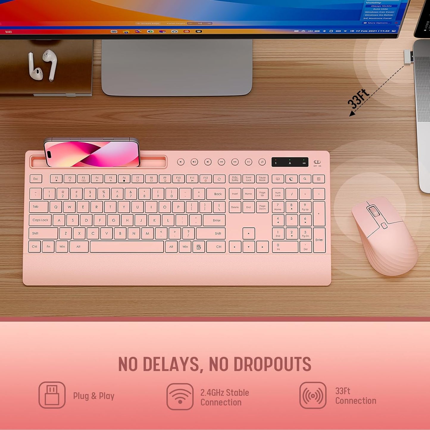 Pink Keyboard and Mouse Wireless, 2.4G Lag-Free Cute Keyboard Combo with Ergonomic Wrist Rest, Phone Holder & Batteries Included, Cordless Silent Key Board Set for Computer, PC, Windows - Trueque