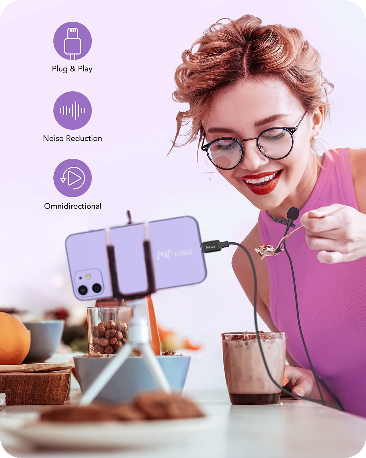 PoP voice Microphone Professional for iPhone Lavalier Lapel Omnidirectional Microphone for iPad, iPod, Condenser Mic for iPhone Audio & Video Recording, YouTube, Interview, Podcast, Vlogging(6.6 Feet)