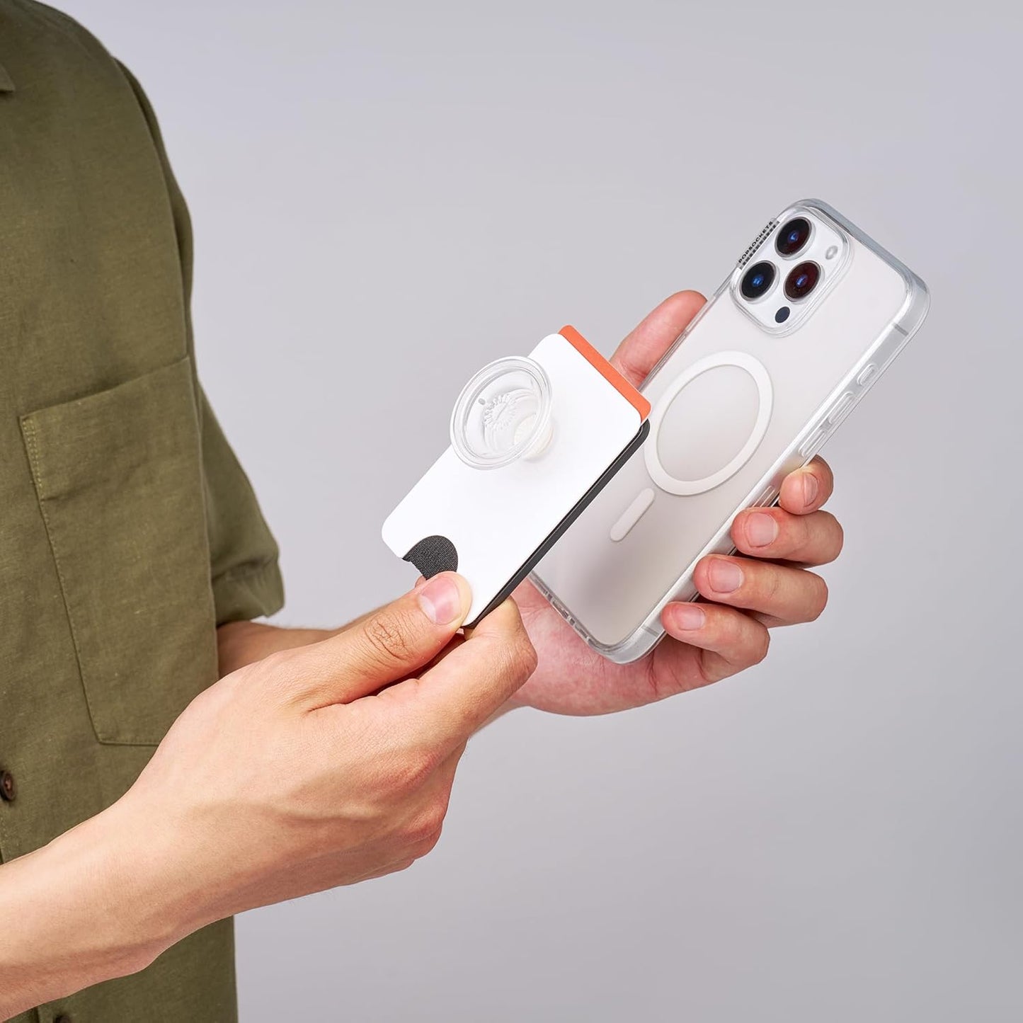 PopSockets Phone Wallet with Expanding Grip and Adapter Ring for MagSafe, Phone Card Holder, Wireless Charging Compatible, Wallet Compatible with MagSafe - White Clear