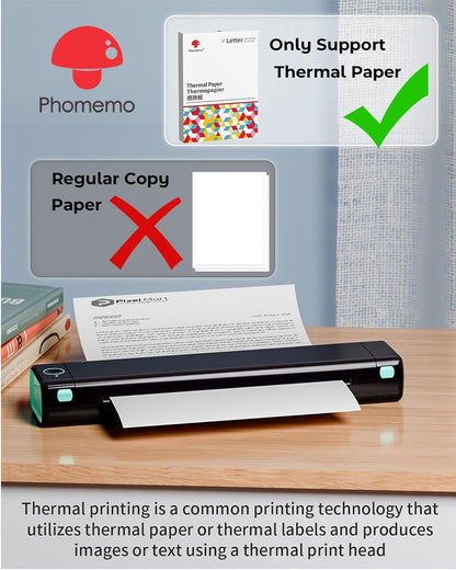 Phomemo Portable Printers Wireless for Travel, M08F Inkless Thermal Printer Support for 8.5"x11" US Letter, Small Bluetooth Printer Compatible with Phone, Laptop for Car, Office, Home Use, School