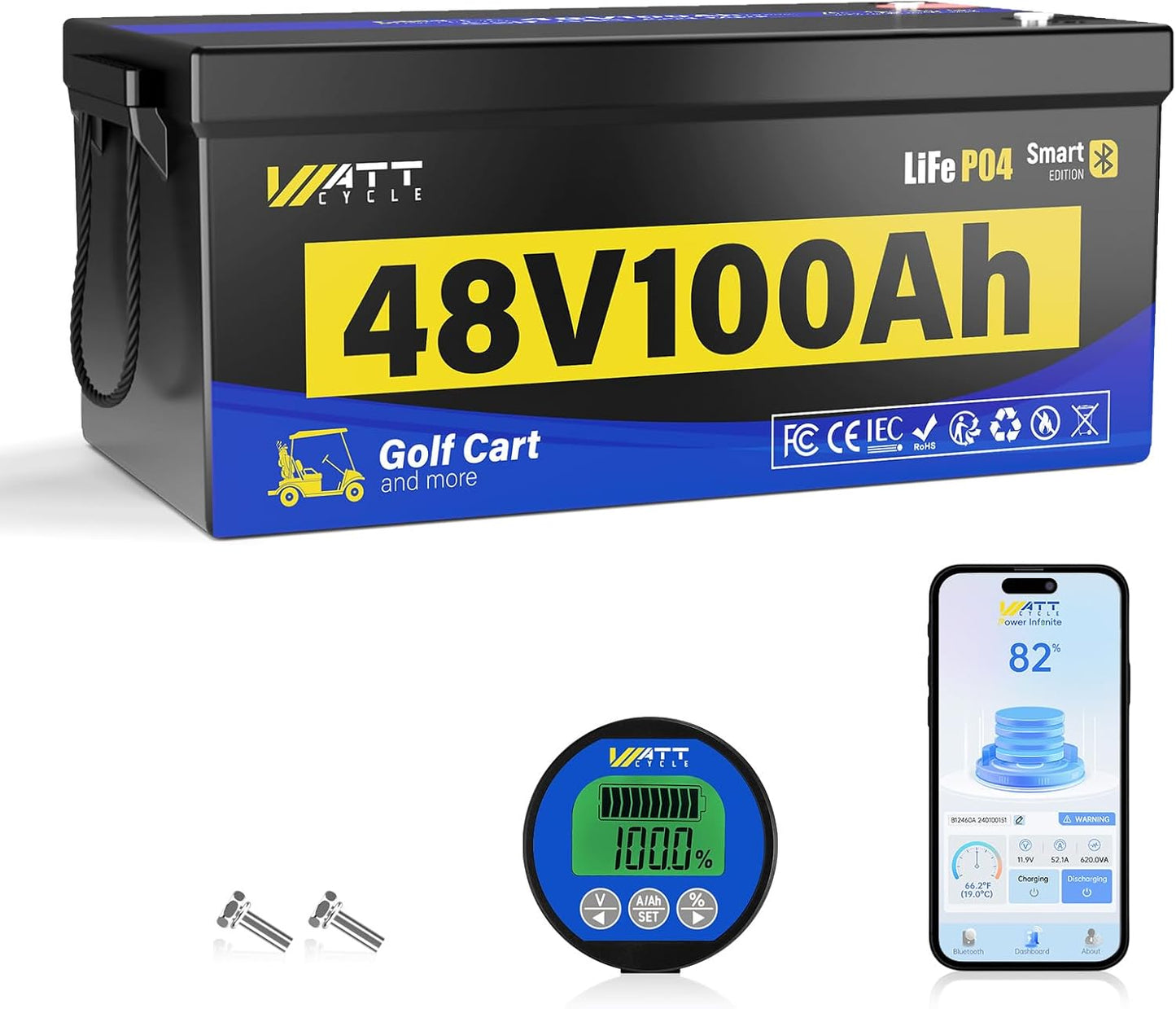 48V 100Ah Lithium Battery for Golf Cart, Built-in Bluetooth & 200A BMS & Mobile Monitor, 48Volt 15000+ Deep Cycles LiFePO4 Lithium Batterys, Range of 60 Miles 600A Peak Current for Golf Cart