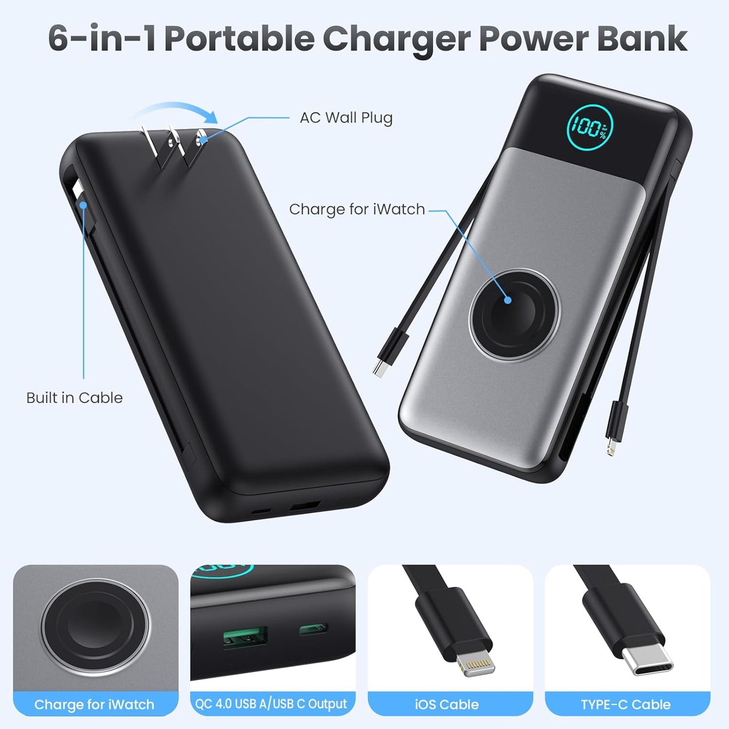 Portable Charger 26800mah for iPhone with Built-in Cables & AC Wall Plug,6-in-1 USB C Power Bank with iWatch Charger,25W PD Fast Charging Battery Pack for iPhone16/15/14/ 13/12,Android,Apple Watch etc