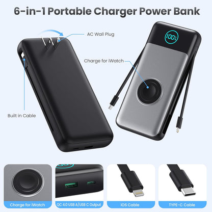 Portable Charger 26800mah for iPhone with Built-in Cables & AC Wall Plug,6-in-1 USB C Power Bank with iWatch Charger,25W PD Fast Charging Battery Pack for iPhone16/15/14/ 13/12,Android,Apple Watch etc