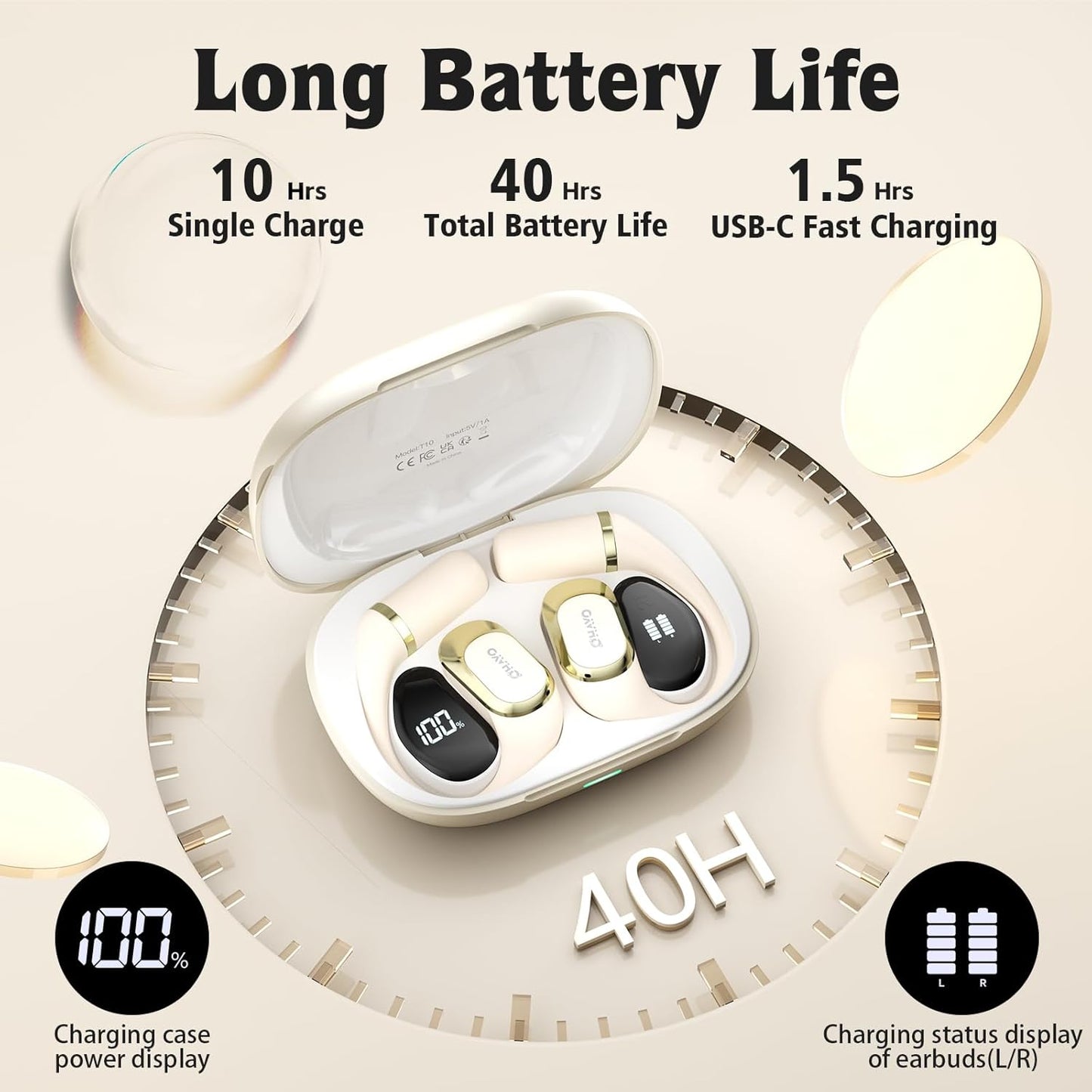 OHAYO Open Ear Headphones,Earbuds with Ergonomic Earhook,Bluetooth Headphones 5.4 with Smart Digital Display,40H Playtime,IPX6 Waterproof,Touch Control Earphones Fit Cycling,Running,Workout(Beige)