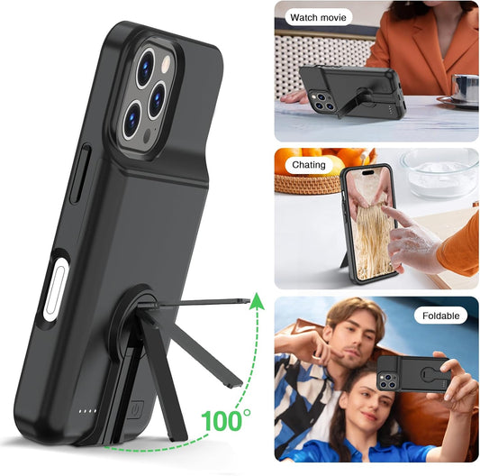 GIN FOXI Battery Case for iPhone 16 Pro, Charging Case with Stand 8500mAh Rechargeable Ultra-Slim Anti-Fall Protection Extended Battery Pack Charger Cover for iPhone 16 Pro Battery Case 6.3" Black