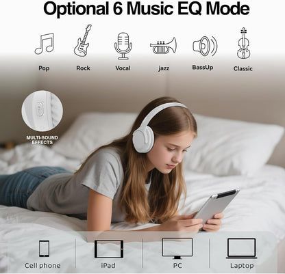 MIDOLA Bluetooth Headphones Over Ear 68H Playtime 6 EQ Wireless Headset with Microphone HiFi Stereo Foldable Lightweight Deep Bass for Travel Home Office Cellphone White