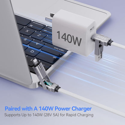 pzoz 4-in-1 USB C Fast Charging Cable with LED Display, Multi USBC Charger Combo Lightning/Type C/USB A Metal Ports for iPhone 16/15/14 Pro Max iPad MacBook AirPods Pro Samsung Google (140W, 5 ft)