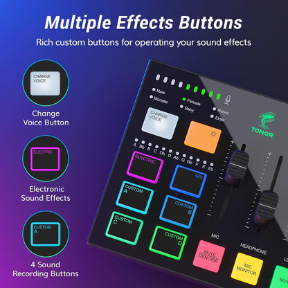 TONOR Audio Interface and Microphone Set, Podcast Equipment Bundle, USB Audio Mixer with RGB, XLR Dynamic Microphone with Studio Sound Quality, Complete Package for Content Creating, Gaming, Streaming