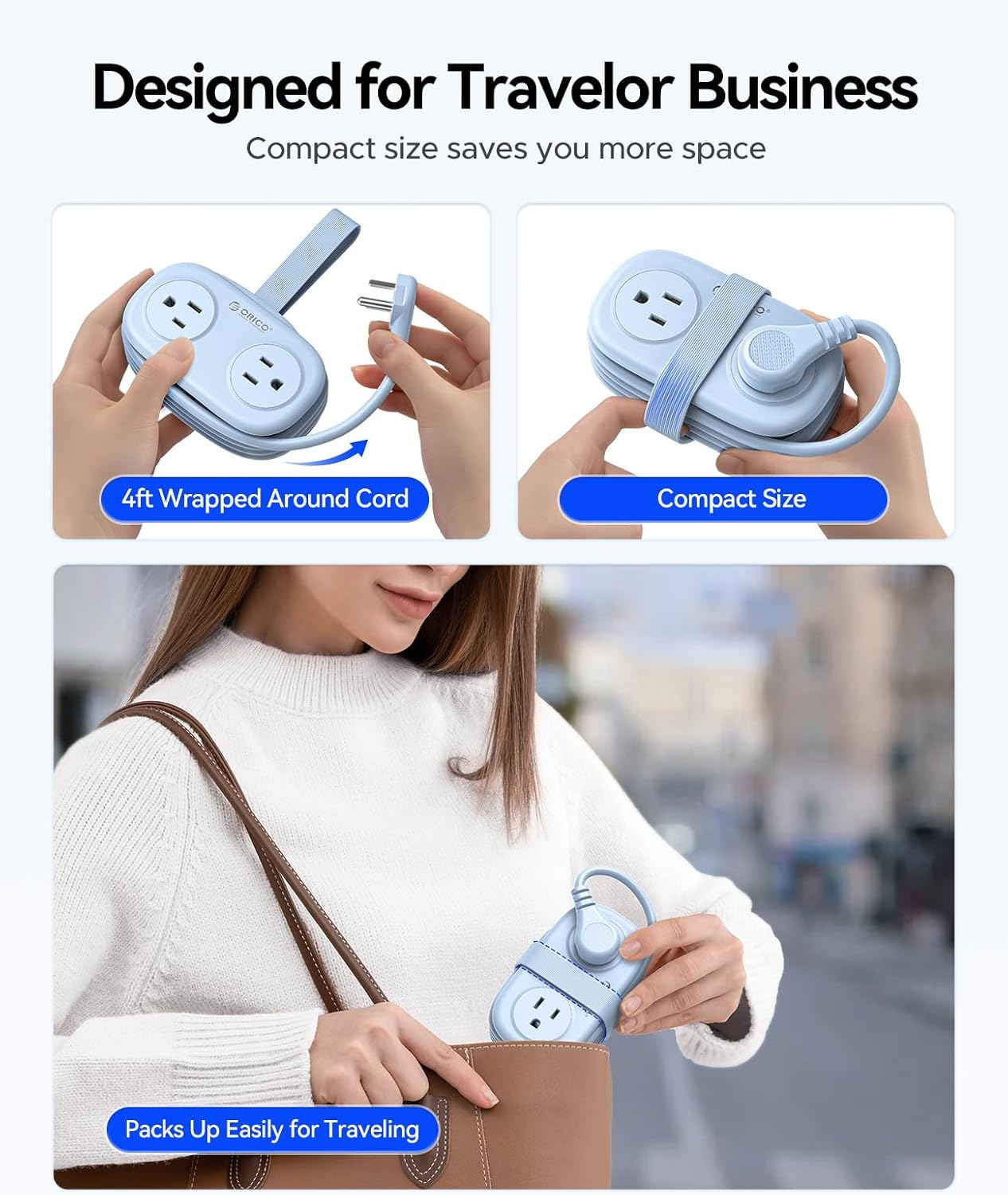 ORICO Blue Travel Power Strip PD20W with 4 AC Outlets 3 USB Ports (1 USB-C), 4FT Flat Plug Extension Cord, Compact Portable Design for Business Travel, Cruise Ship Essentials-AP3