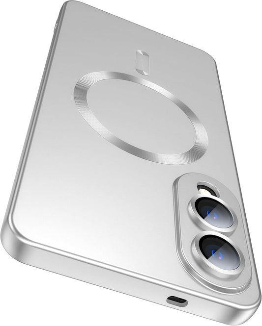 Magnetic for Samsung Galaxy S25 Edge Case [Compatible with MagSafe][Built-in Camera Lens Protector] Slim Soft Silicone Bumper Shockproof Metallic Luster Phone Case (Silver)