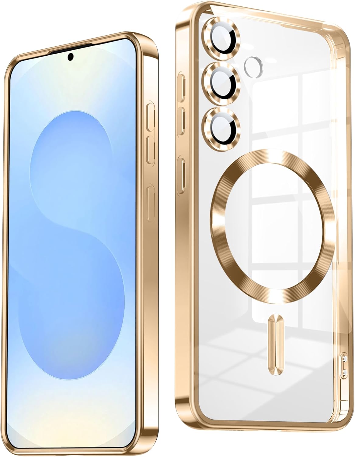 Slim Thin for Samsung Galaxy S25 Case, Compatible with MagSafe, Built-in Camera Lens Protector, Shockproof Protective Phone Case, Soft Electroplated Clear Phone Cover, Gold