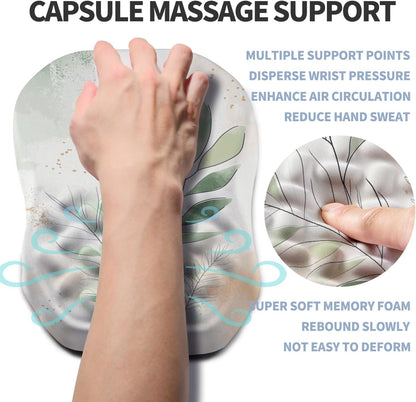 Ergonomic Raised Mouse Pad Wrist Support with Bilateral Slope Memory Foam Mousepad for Wrist Rest and Carpal Tunnel Pain Relief 11.8x7.9〃 Green Leaf