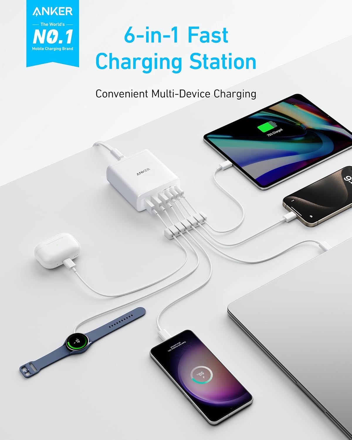 Anker Desktop Charger, Fast Charging USB C Charger, 112W Max 6-Port Charging Station, for iPhone, iPad, MacBook, Samsung and More (Cable Not Included)
