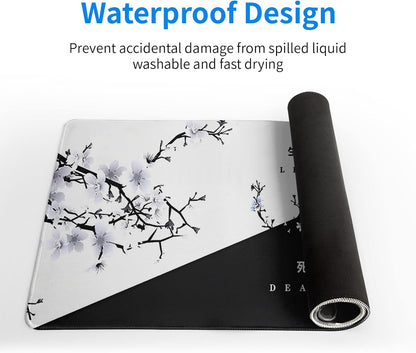Black and White Japanese Cherry Blossom Gaming Mouse Pad Sakura Death Life Flower Mat 31.5x11.8 Inch Texture Non-Slip Rubber Base Mousepad Stitched Edges Keyboard Desk Pad for Office Home Game