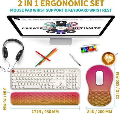 Hokafenle 2 in 1 Ergonomic Mouse Pad Wrist Support & Wrist Rest for Computer Keyboard Set, with Relieve Carpal Tunnel Pain Massage Bulge and Full Memory Gel Design (2In1 Set, Sunset Glow)