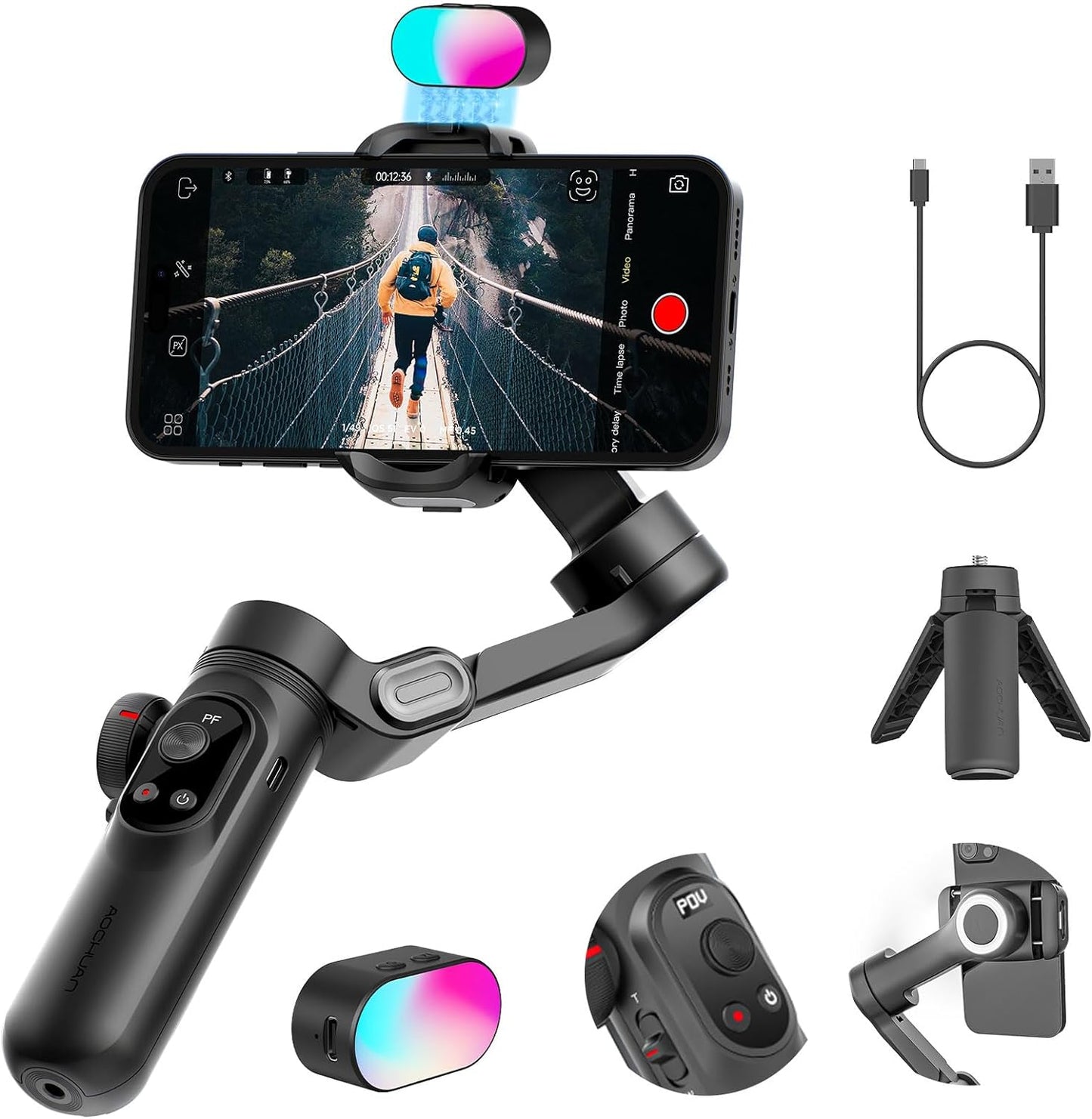 Professional Gimbal Stabilizer for Smartphone,RGB Magnetic Refill Light,OLED Display LED Light,face Tracking,Gesture Control,Professional 3-axis stabilizer for Android &iPhone, AOCHUAN XPRO KIT Black