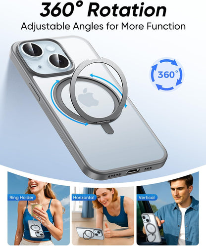 MAGIC JOHN 360° Rotatable Magnetic Invisible Stand for iPhone 15 Case [Anti-Slip Grip] [Compatible with MagSafe] 16FT Shockproof for iPhone 15 Case with Kickstand, Black