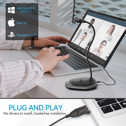 CMTECK USB Computer Microphone, Plug &Play Desktop Omnidirectional Condenser PC Laptop Mic, Mute Button with LED Indicator, Compatible with Windows/Mac, Ideal for YouTube, Skype, Recording (Gray)