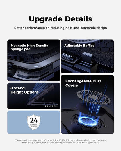 KeiBn Gaming Laptop Cooling Pad, Laptop Cooling Stand with 5.5inch External Cooling Fan, Rapid Cooling Laptop 15.6-19.3inch, Infinitely Variable Speed, 8 Height Stands, 4 USB Ports, Blue