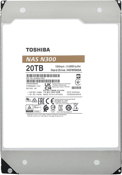 Toshiba N300 20TB NAS 3.5-Inch Internal Hard Drive - CMR SATA 6 GB/s 7200 RPM 512 MB Cache - HDWG62AXZSTA