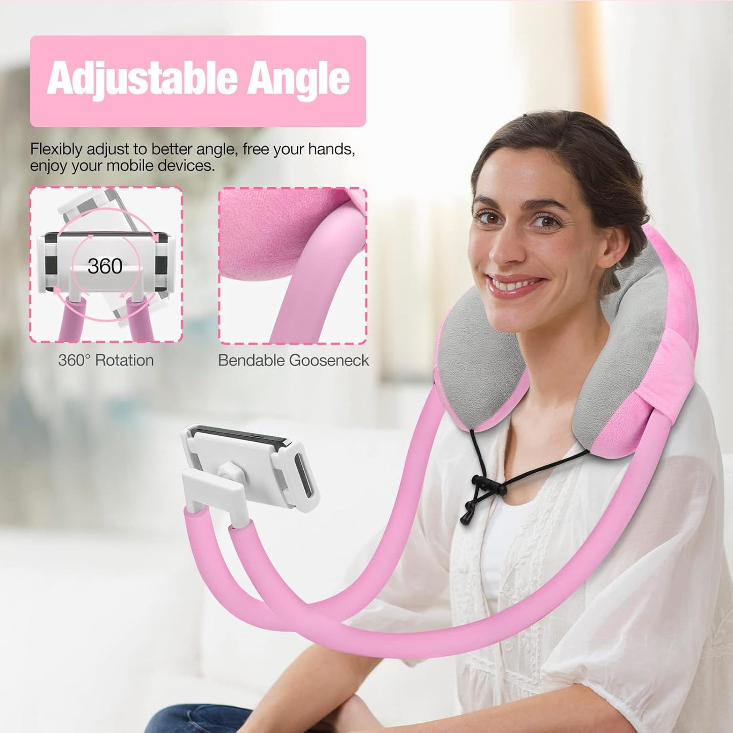 MoKo Neck Phone Holder, 360 Rotatable Gooseneck Pillow Stand, Fits 4"-11" Devices, iPhone 16/15/14/13, Galaxy S21/S9, iPad 11/12.9