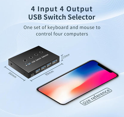 USB 3.0 Switch 4 Computers 3 Computers Keyboard Mouse,4 Port USB Switcher Sharing Mouse Keyboard Scanner Printer, Includes Cables and Remote