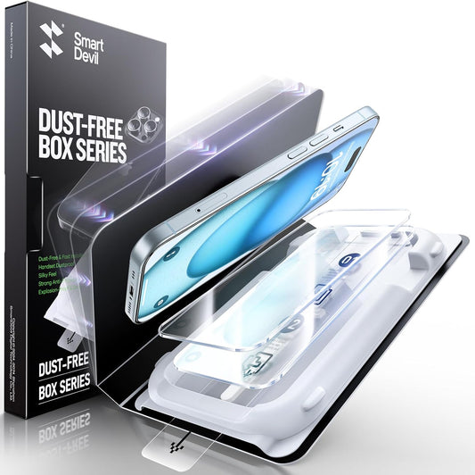 SMARTDEVIL 3 Pack Screen Protector for iPhone 15 Plus, Bubble-and-Dust-Free Box, HD Tempered Glass, Military Grade Shatterproof & Ultra Durable, Easy Installation