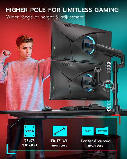 Vertical Dual Monitor Mount for 17-49 Inch Ultrawide Heavy Duty Curved Screen Stacking, Computer Monitor Arm Desk Mount with USB, Gas Spring Adjustable Vesa Stand, Black