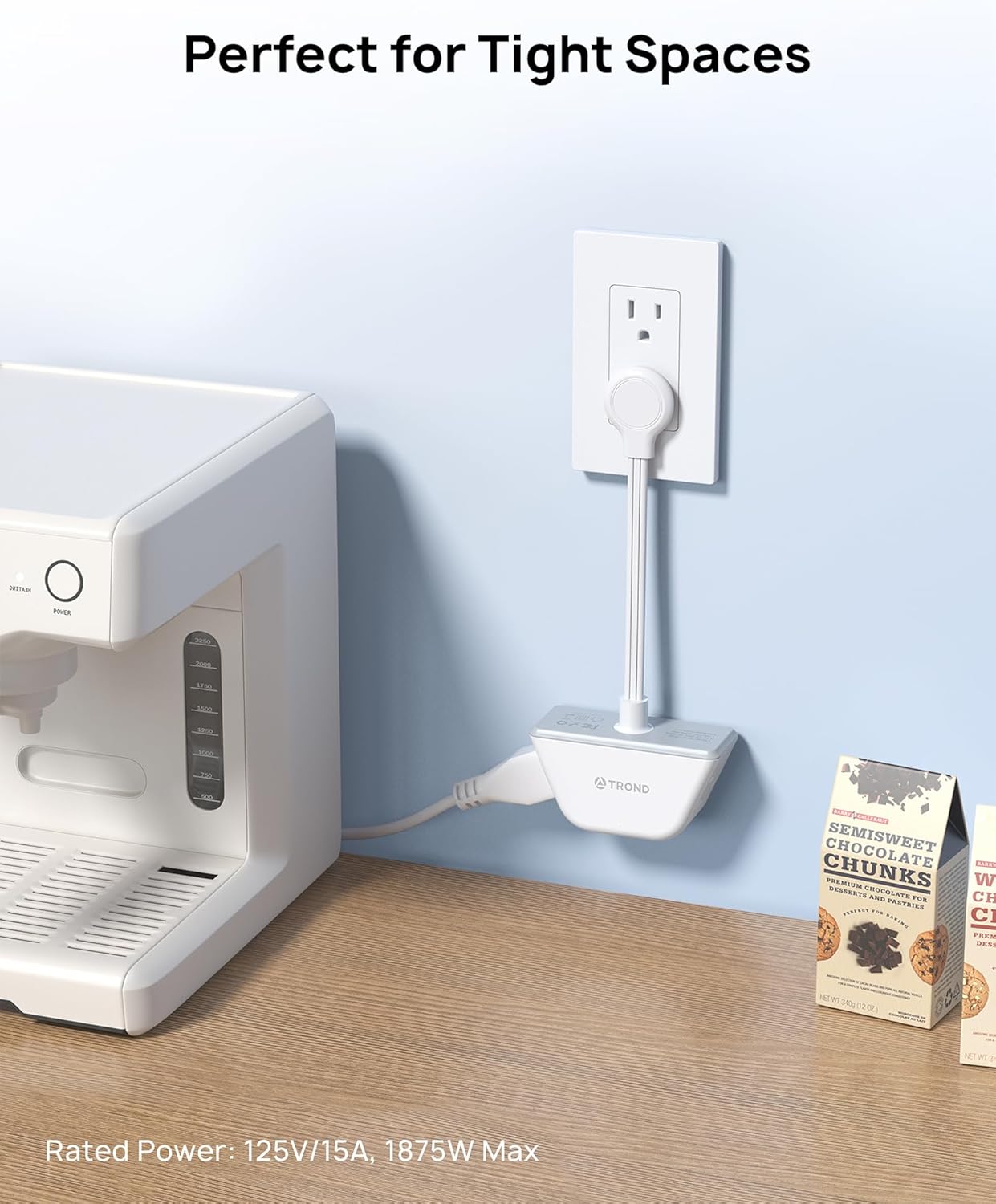 TROND Flat Outlet Extender with 6 Inch Cord - 3 Way Angled Plug Extension Outlet Adapter, Cruise Ship Essentials, Small Multiple Plug Splitter for Home Office Travel, White