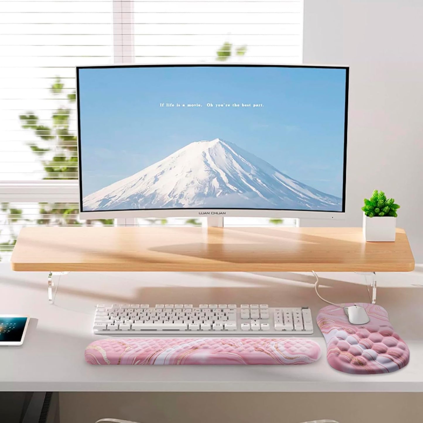 Mouse Pad Wrist Support, Laokiiy 2 in1 Keyboard Wrist Rest+ Ergonomic Mouse Pad, Non-Slip Wrist Rest for Computer Keyboard, Made Easy Typing & Relieve Wrist Pain(Rose Gold Pink Marble)