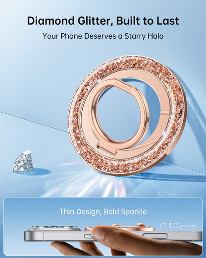 SYNCWIRE Magnetic Phone Ring Holder for MagSafe - Glitter Phone Grip Stand with 360° Rotation & Reinforced Hinge, Compatible with iPhone 16 15 14 13 Pro Max Plus MagSafe Accessories - Rose Gold