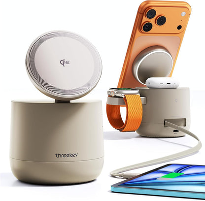 MFI Certified by Apple, 4 in 1 Magsafe Wireless Charging Station, Qi2 15W Magsafe Charger for iPhone 17/16/15/14/13/12 Series, iWatch, Airpods, iPad, 65W Charger Included (Sand, 4 in 1)