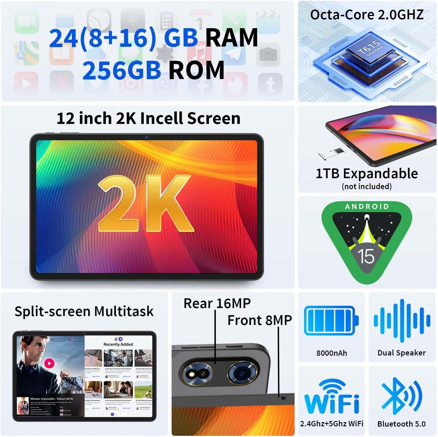 12 Inch Tablet Android 15 Tablets, 2025 Upgraded Android Tablet with Keyboard, 24GB RAM+256GB ROM(1TB Expand), Octa-Core, 2K 2000x1200 Display, 16MP Dual Camera, 8000mAh, 2.4G/5G WiFi, GPS (Silver）