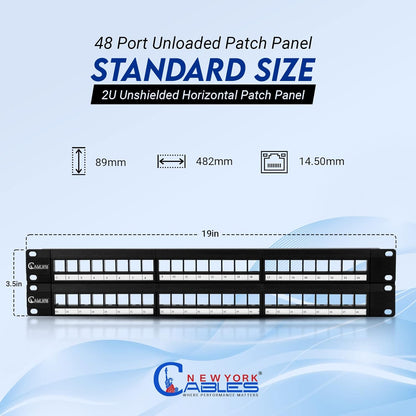 NewYork Cables® Blank Keystone 48 Port Cat6 Patch Panel - 10Gb Ethernet 2U Horizontal Rack Mount, Color-Coded T568A/B Labels, Network for Data Centers, Server Rooms, Unloaded, Unshielded.