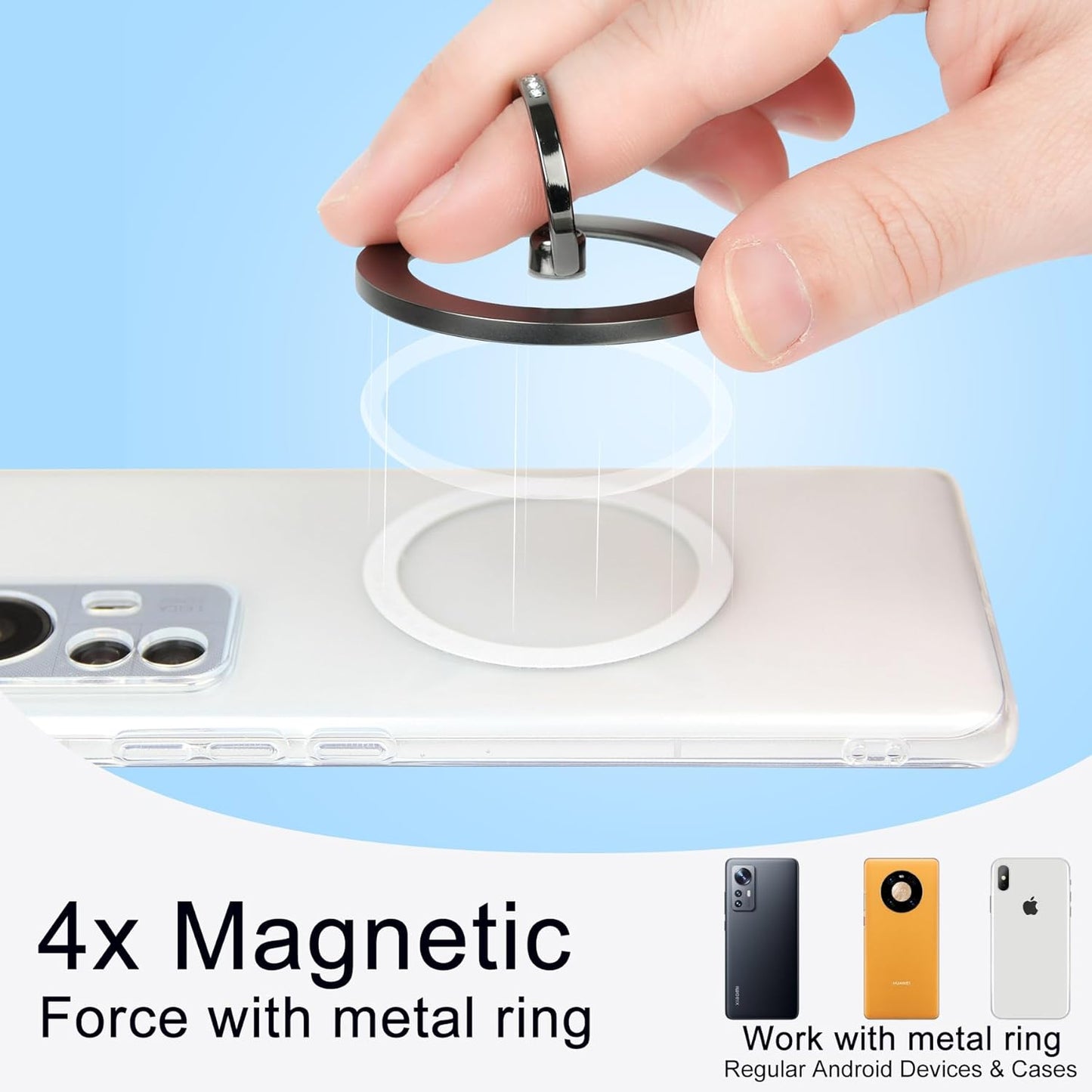Magnetic Phone Grip for MagSafe, EI Sonador Magnet Phone Ring Holder, Removable, Compatible with iPhone 14 Plus 13 12 Pro Max Mini (Transparent Silver Diamond)