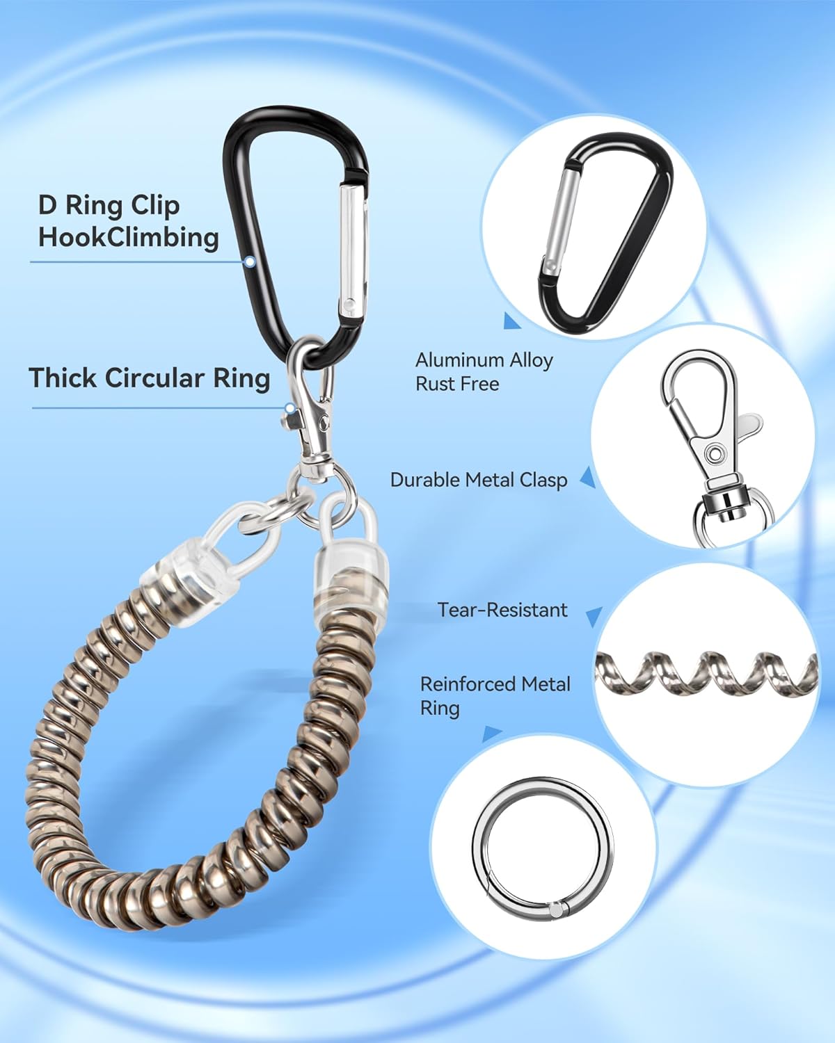 Phone Tether Lanyard, SHANSHUI Strong Spring Rope Climbing Hook, 4x Phone Tether Tabs Free Your Hand Anti Theft Phone Strap for All Smartphones for Outdoor Cycling Climbing Skiing Hiking - 2PCS Sliver