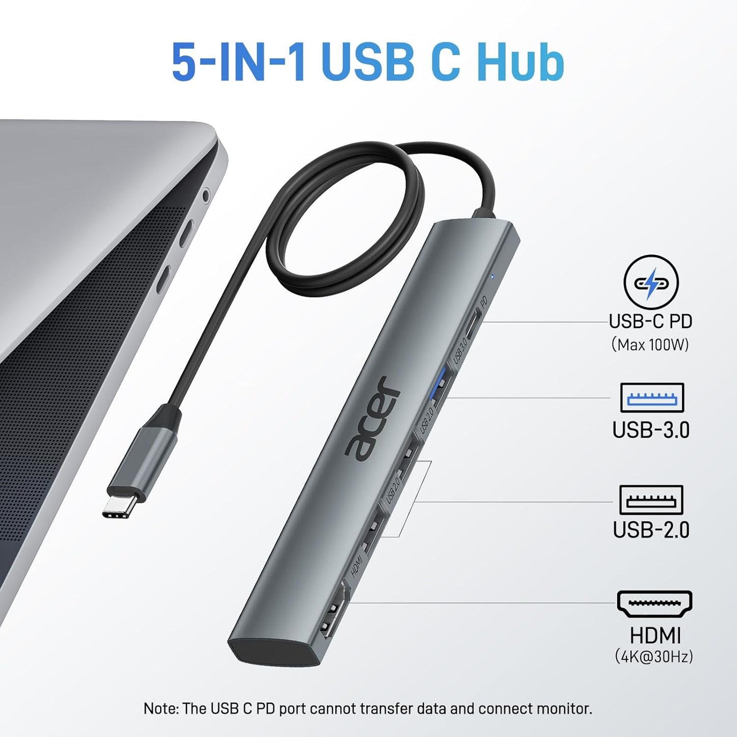 Acer USB C Hub 5 in 1 with 4K HDMI, 100W Power Delivery, 3 USB A Data Ports, USB C to HDMI Multiport Adapter for Laptop, PC, Tablet, MacBook Pro/Air, iPad Air/Pro, iMac, iPhone 15/16 Pro/Pro Max (2ft)