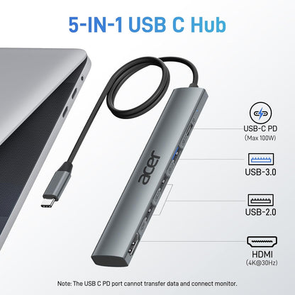 Acer USB C Hub 5 in 1 with 4K HDMI, 100W Power Delivery, 3 USB A Data Ports, USB C to HDMI Multiport Adapter for Laptop, PC, Tablet, MacBook Pro/Air, iPad Air/Pro, iMac, iPhone 15/16 Pro/Pro Max (2ft)