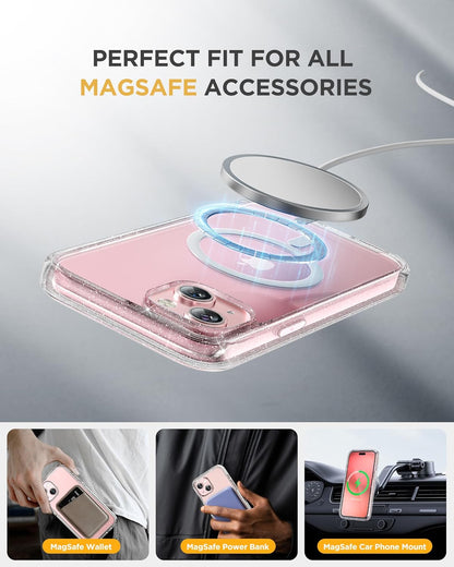 Miracase Glass Series for iPhone 15 Case [Compatible with MagSafe] Full-Body Magnetic Case with Built-in 9H Tempered Glass Anti-Fingerprint Screen Protector + Camera Lens Protector, Clear Glitter