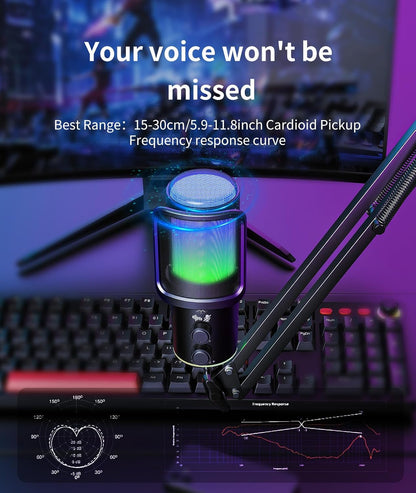 Gaming USB Microphone Kit with Boom Arm - RGB Condenser Mic with Noise Cancellation, Mute Button Reverb Adjustment, Monitoring for Streaming, Podcasting, Discord, YouTube