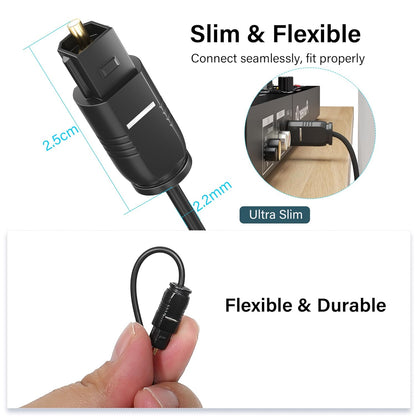 Adoreen Ultra-Thin Slim Digital Optical Audio Cable 8 FT/2 Pack, Fiber Optic Toslink SPDIF Cord Gold-Plated High-Speed Flexible & Durable for TV Soundbar Home Theater Game Console PS4 Xbox +Ties